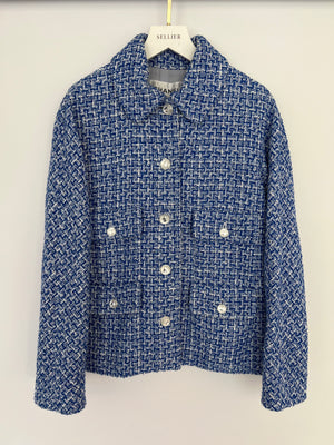 *HOT* Chanel 23P Blue, White & Navy Tweed Jacket with White CC Logo Button Details Size FR 38 (UK 10) RRP £5,170
