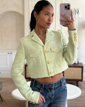 Giambattista Valli Light Green Tweed Cropped Jacket with Gold Buttons Detail IT 38 (UK 6)
