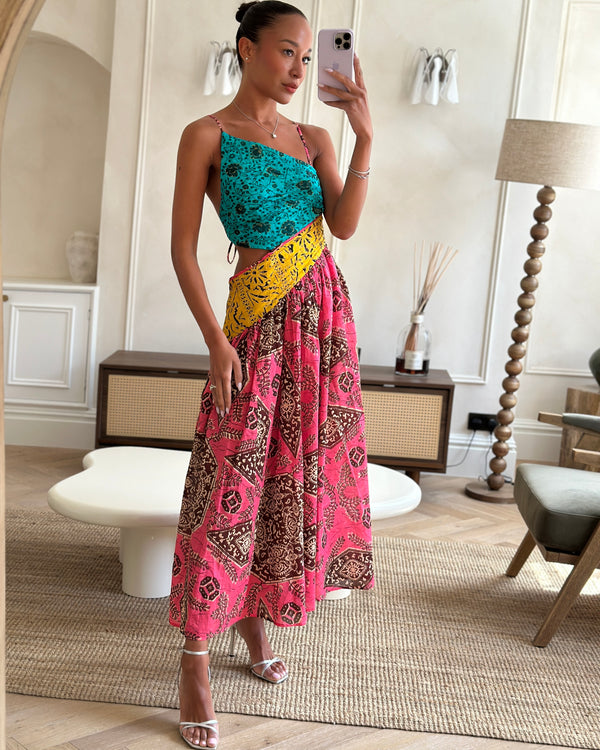 Zimmermann Pink, Yellow and Blue Printed Cotton One Shoulder Midi Dress with Cross Back Tie Detail Size 1 (UK 10)