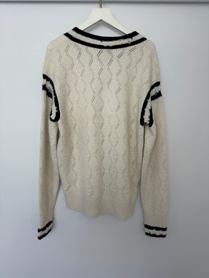 Chanel 22C Two-tone Distressed Cashmere Blend Argyle Pointelle CC Logo Pullover Sweater Size 38 (UK 10)