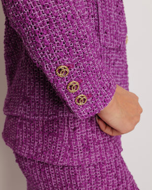 Chanel Cruise 2021 Purple Tweed Jacket and Mini Skirt Set with Gold Glitter CC Button Details Size FR 34/36 (UK 6/8)