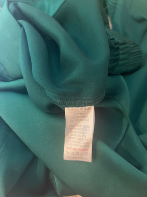 Nadine Merabi Green Satin Top and Trousers Set with Feather Trim Detail and Crystal Buttons Size UK 6/8