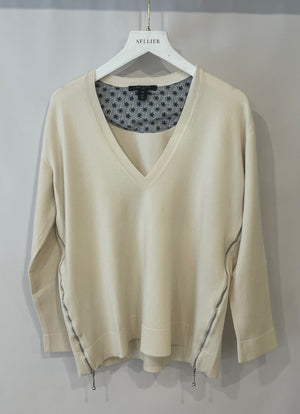 Louis Vuitton Cream Wool V-Neck Jumper with Silver Zip Details Size S (UK 8)