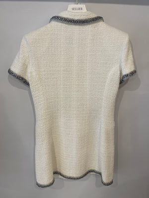 *HOT* Chanel 20S White Tweed Short-Sleeve Mini Dress with Silver Buttons and Embellishments Details FR 42 (UK 14) RRP £5,250