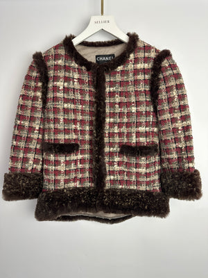 Chanel Red, Beige and Grey Tweed Jacket with Rabbit Fur Trim Detail Size FR 36 (UK 8)