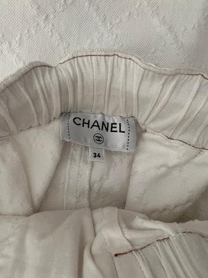 Chanel White Quilted Straight Leg Jeans with Brown Accents and Waist Ties and 31 Rue Cambon CC Logo Detail Size FR 34 (UK 6)