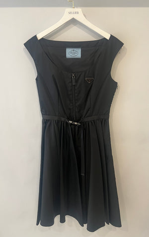 Prada Black Re-Nylon Midi Dress with Silver Buckle and Logo Plate Detail Size IT 42 (UK 10)