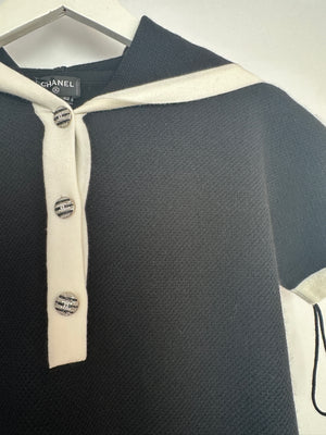*HOT* Chanel 24C Navy Knitted Short Hooded Dress with Silver & Black CC Buttons Detail Size FR 34 (UK 8)