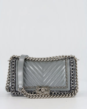 Chanel Metallic Silver Medium Boy Bag in Chevron-Quilted Leather with Braided Tweed Trim and Silver Hardware