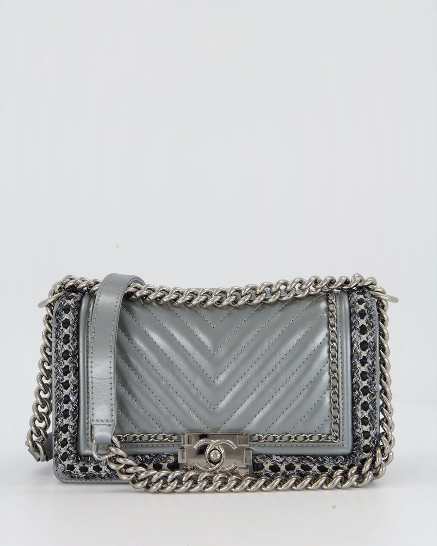 Chanel Metallic Silver Medium Boy Bag in Chevron-Quilted Leather with Braided Tweed Trim and Silver Hardware
