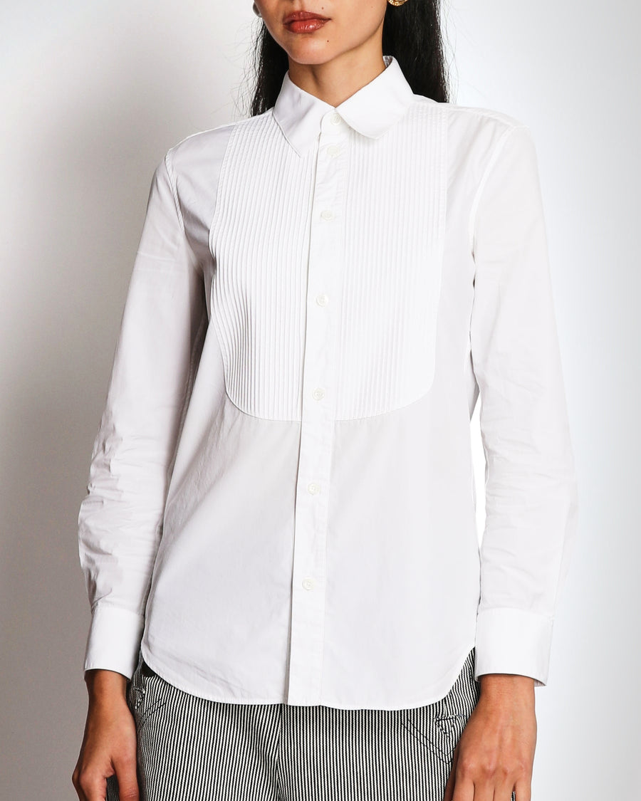 Celine White Button Down Shirt with Pleated Bib Collar Detail Size FR 40 (UK 12)