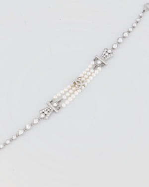 Chanel 23/S Silver Diamond Pearl Choker with CC Logo Detail