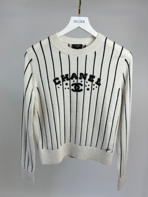 Chanel Cream and Navy Stipe Long Sleeve Cashmere Jumper with Logo Size FR 38 (UK 10)