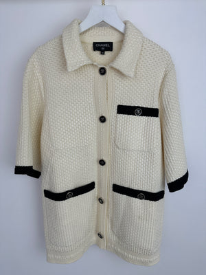 Chanel 24P Cream & Black Tweed Short Sleeve Cardigan & Bralette Top with Black CC Buttons Detail Size FR 34 (UK 6)