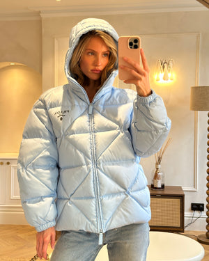 Prada Baby Blue Hooded Quilted Down Re-Nylon Puffer Jacket Size IT 36 (UK 4)