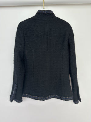 Chanel 10/A Black Collarless Long Sleeve Tweed Jacket with Navy Trim and Silver Button Details Size FR 36 (UK 8)