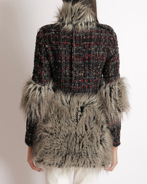 Chanel Fall 2010 Black, Grey and Red Tweed Jacket with Grey Faux Fur Sleeves and Trims and Black and Silver CC Logo Buttons Size FR 38 (UK 10)