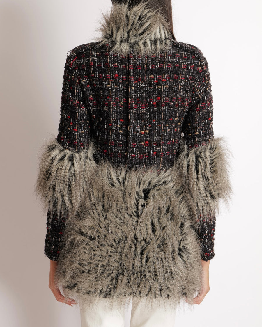 Chanel Fall 2010 Black, Grey and Red Tweed Jacket with Grey Faux Fur Sleeves and Trims and Black and Silver CC Logo Buttons Size FR 38 (UK 10)