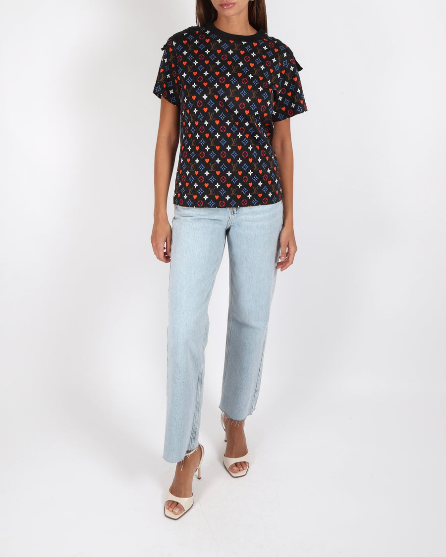 Louis Vuitton Black Game-On T-Shirt with Multi-Colour Monogram Pattern and Red Heart Motif with Silver Stud Details Size S (UK 8)