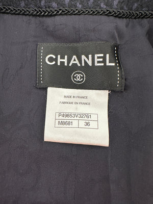 Chanel Black and Navy Tweed 3/4 Sleeve Dress with Pockets and Gunmetal Lion Button Details FR 36 (UK 8)