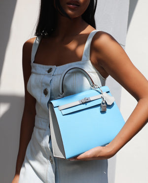 *VERY RARE* Hermès Kelly Sellier HSS 25cm Bag in Bleu Celeste and Gris Perle Chèvre Leather with Contrast Stitching and Brushed Palladium Hardware