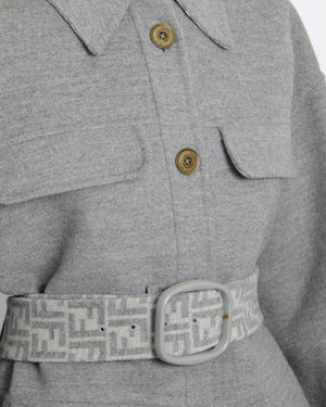 Fendi Grey Wool Belted Coat with FF Logo Lining Gold Logo Buttons Size IT 42 (UK 10) RRP £3,600