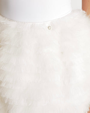 Chanel White Silk Tiered Mini Skirt with Ruffled Lace and Feathers with Crystal CC Logo Button Size FR 34 (UK 6)
