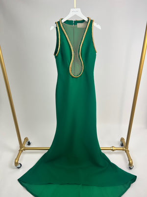 Elie Saab Fall 2022 Emerald Green Mesh Maxi Dress with Gold Trim Detail Size FR 36 (UK 8)