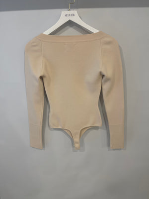 Khaite Cream Wool Long Sleeved Ribbed Bodysuit with Square Neckline Size M (UK 10)