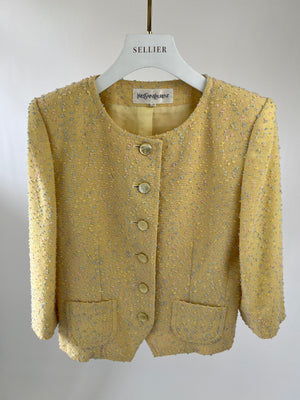 Yves Saint Laurent Pastel Yellow, Pink and Blue Tweed Jacket and Skirt Set Detail Size FR 36 (UK 8)