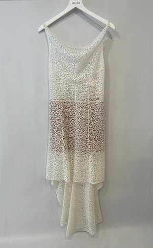 Chanel Métiers d'Art 2023 White Lace Asymmetric Midi Dress with Silver CC Logo Detail Size FR 36 (UK 8)