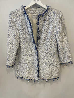 Chanel SS18 White and Blue Fantasy Tweed Jacket with Silver CC Logo Button Detail Size FR 38 (UK 10) RRP £5,100