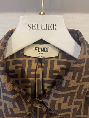 Fendi Brown Silk FF Logo All Over Cropped Shirt Size IT 38 (UK 6)