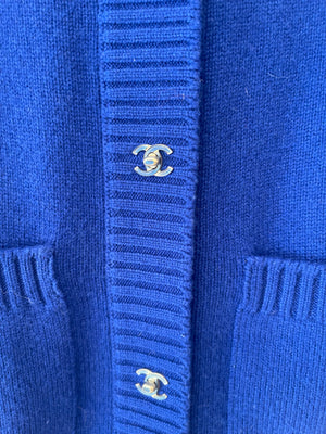Chanel Cobalt Blue Cashmere Long Cardigan with Silver CC Logo Buttons Size FR 34 (UK 6)