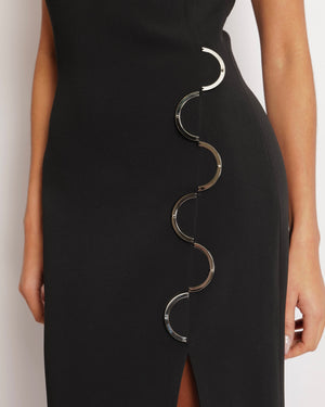 David Koma Black Maxi Dress with Silver Semi-Circle Hardware Details and Side SlitSize UK 10