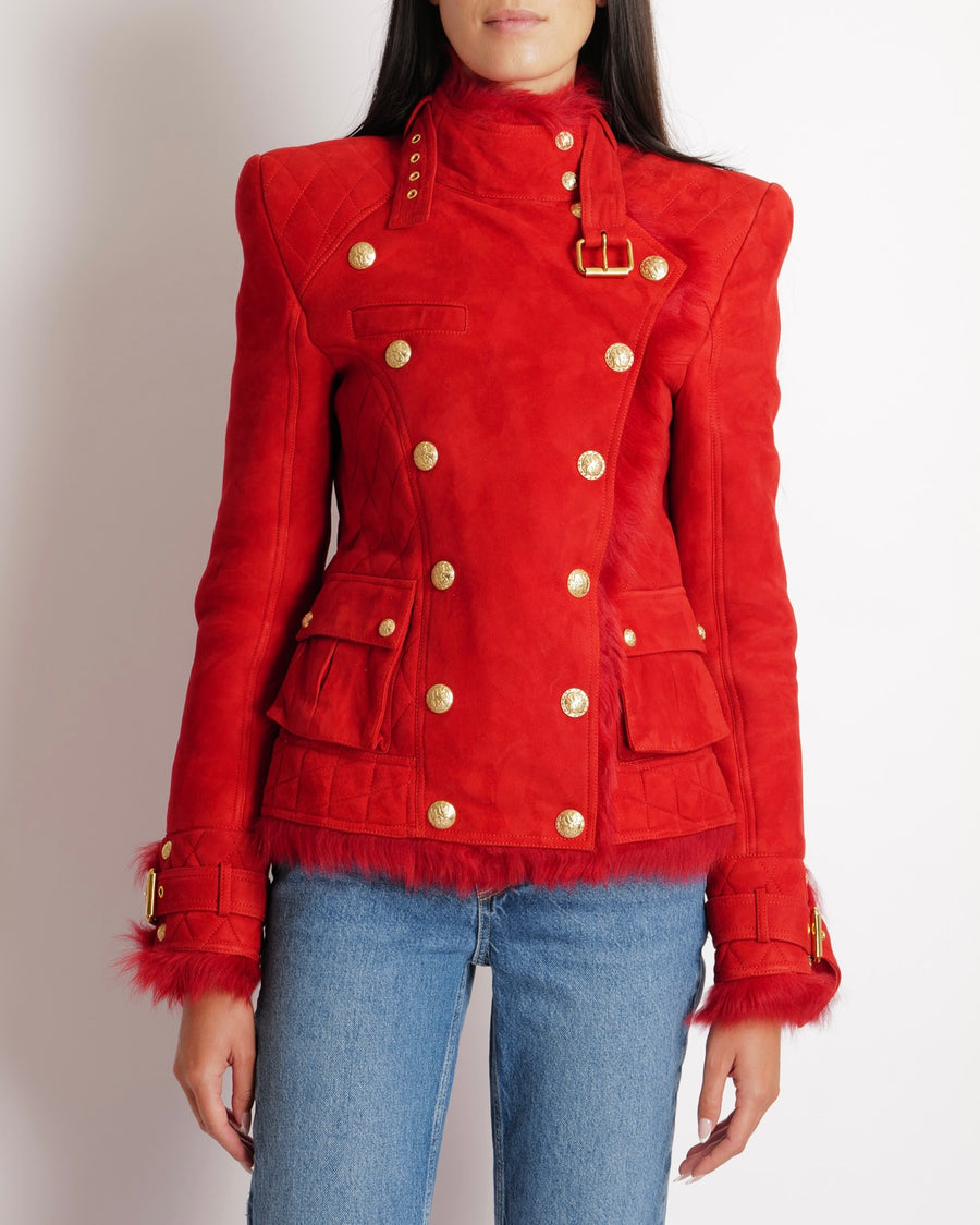 Balmain Red Lambskin Suede Jacket with Quilted Details and Fur Lining with Gold Buttons and Buckle Details Size FR 38 (UK 10) RRP £4,900