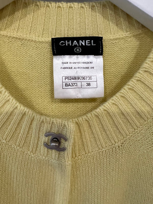 Chanel Yellow Cashmere Cardigan with Silver CC Logo Buttons Size FR 38 (UK 10)