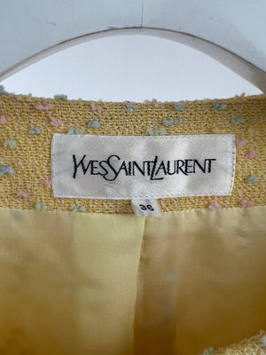 Yves Saint Laurent Pastel Yellow, Pink and Blue Tweed Jacket and Skirt Set Detail Size FR 36 (UK 8)