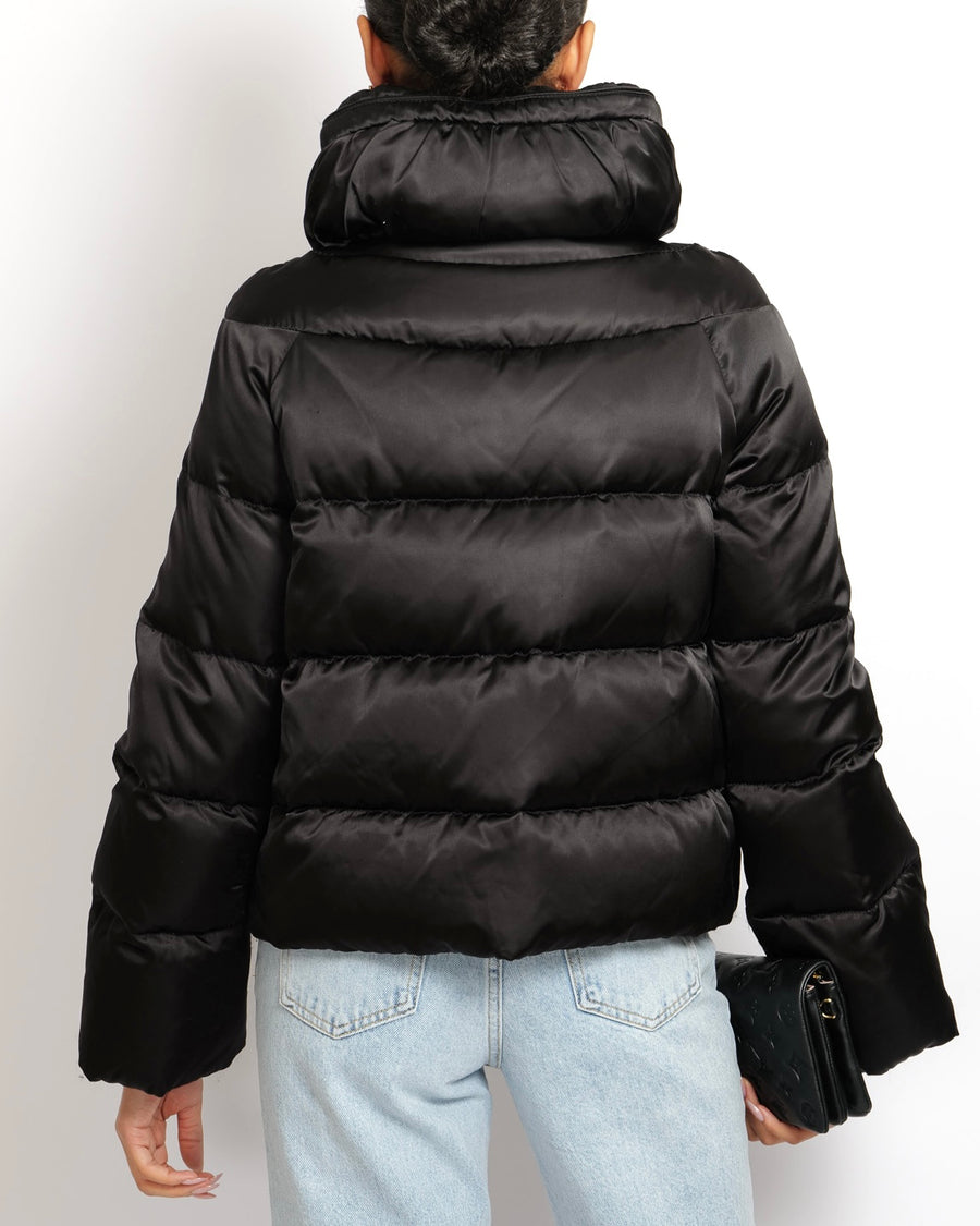 Moncler Black Puffer Jacket with Gold Zipper and Logo Buttons Size 2 (UK 12)