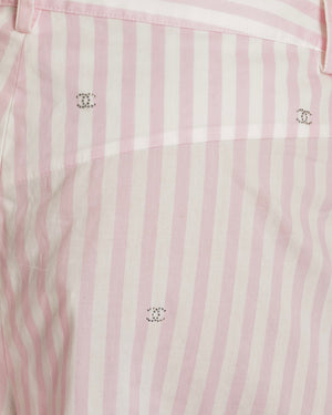 Chanel Pink and White Striped Shorts with Crystal CC Logos and White Pearl and Silver CC Logo Buttons Size FR 36 (UK 8)