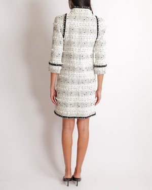 Chanel Fall 2017 White and Black Tweed Long Jacket with Black and White Pearl Embellishments and Front Pocket Details Size FR 36 (UK 8)