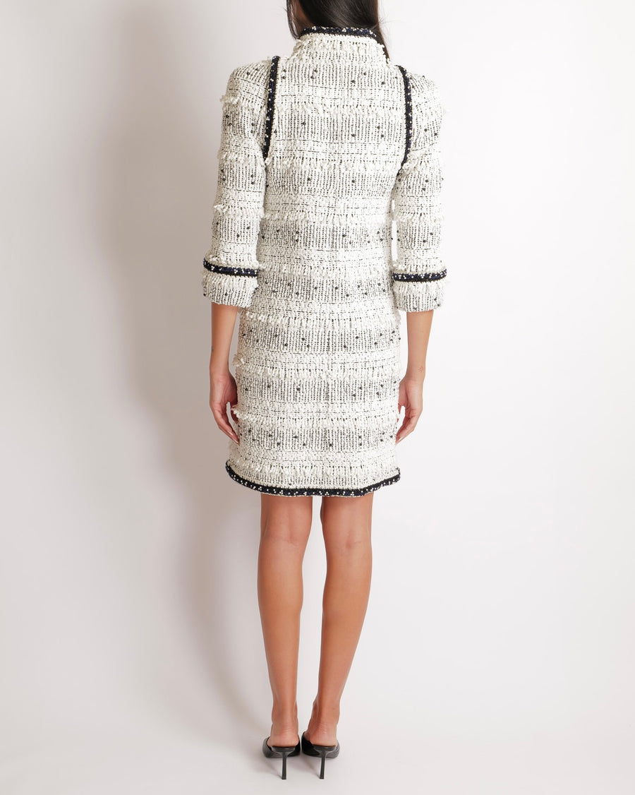 Chanel Fall 2017 White and Black Tweed Long Jacket with Black and White Pearl Embellishments and Front Pocket Details Size FR 36 (UK 8)