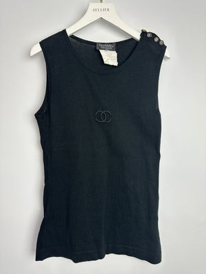 Chanel 95P Vintage Black Sleeveless Cotton Top with Stitched Logo and Gold Logo Buttons on the Shoulder Size FR 36 (UK 8)