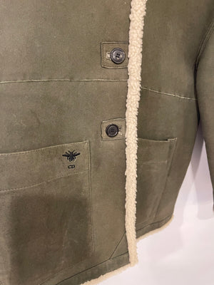 Christian Dior Khaki Shearling Coat with Embroidered Logo Size FR 36 (UK 8)