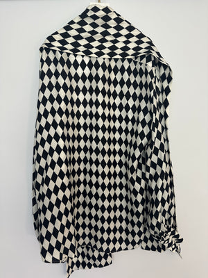 Balmain Black and White Lavalliere Diamond Print Silk Shirt with Puff Sleeves and Pussy Bow Detail Size FR 34 (UK 6) RRP £1490