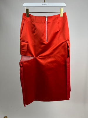 Sacai Red Silk Blend Cargo Skirt with Mesh Insert Size 2 (UK 10)