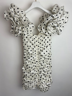 Alessandra Rich White & Black Polka Dot Ruched Crepe Mini Dress with Crystal Buttons and Strap Ruffle Details Size IT 38 (UK 6)