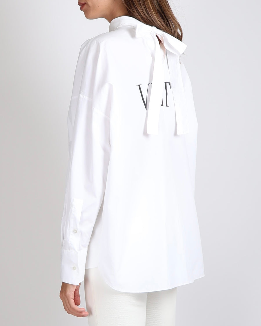 Valentino White Button Down Shirt with Black Back Logo Print and Ribbon Detail Size IT 42 (UK 10)
