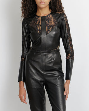 Elie Saab Black Leather Jumpsuit with Lace Sleeves and Inserts Size FR 38 (UK 10) RRP £4,350