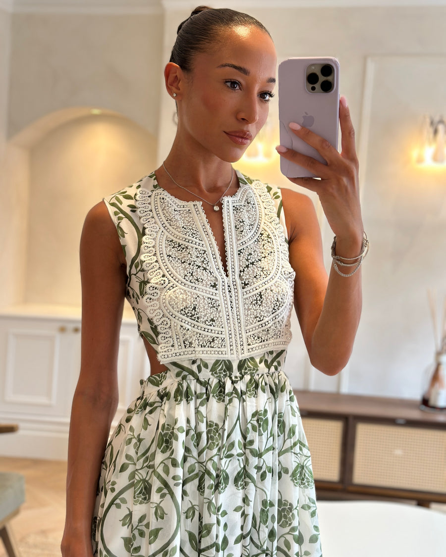 Giambattista Valli White and Green Sleeveless Floral Midi Dress with Lace Bodice and Cut Out at the Back Size IT 36 (UK 4)